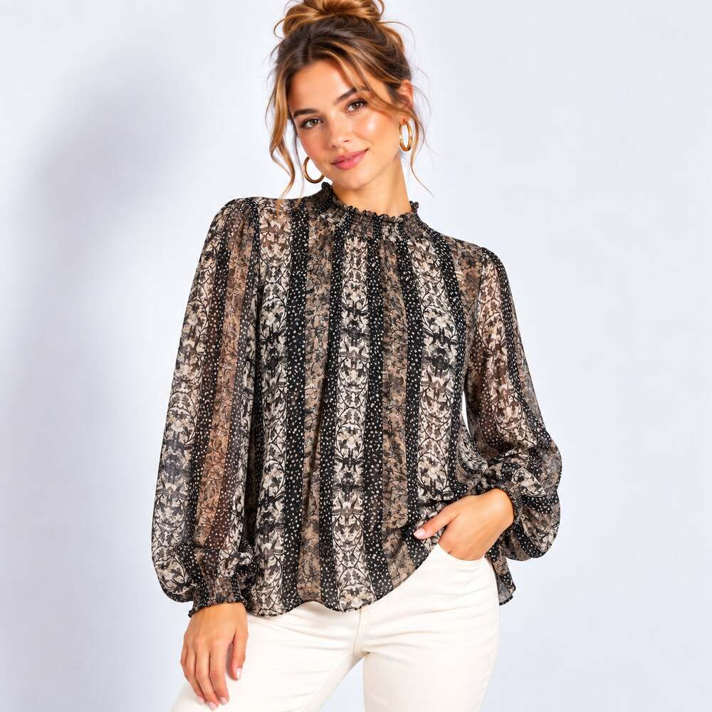 Susan Graver Liquid Knit Blouse Women's Size L Sheer Floral Overlay Boho Office